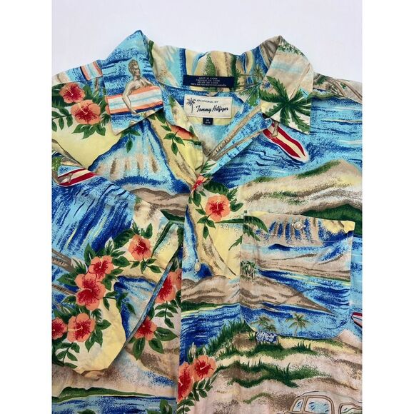Tommy Hilfiger Shirt Mens M Hawaiian Beach Palm Trees All‎ Over Print Surf Car - Picture 1 of 10
